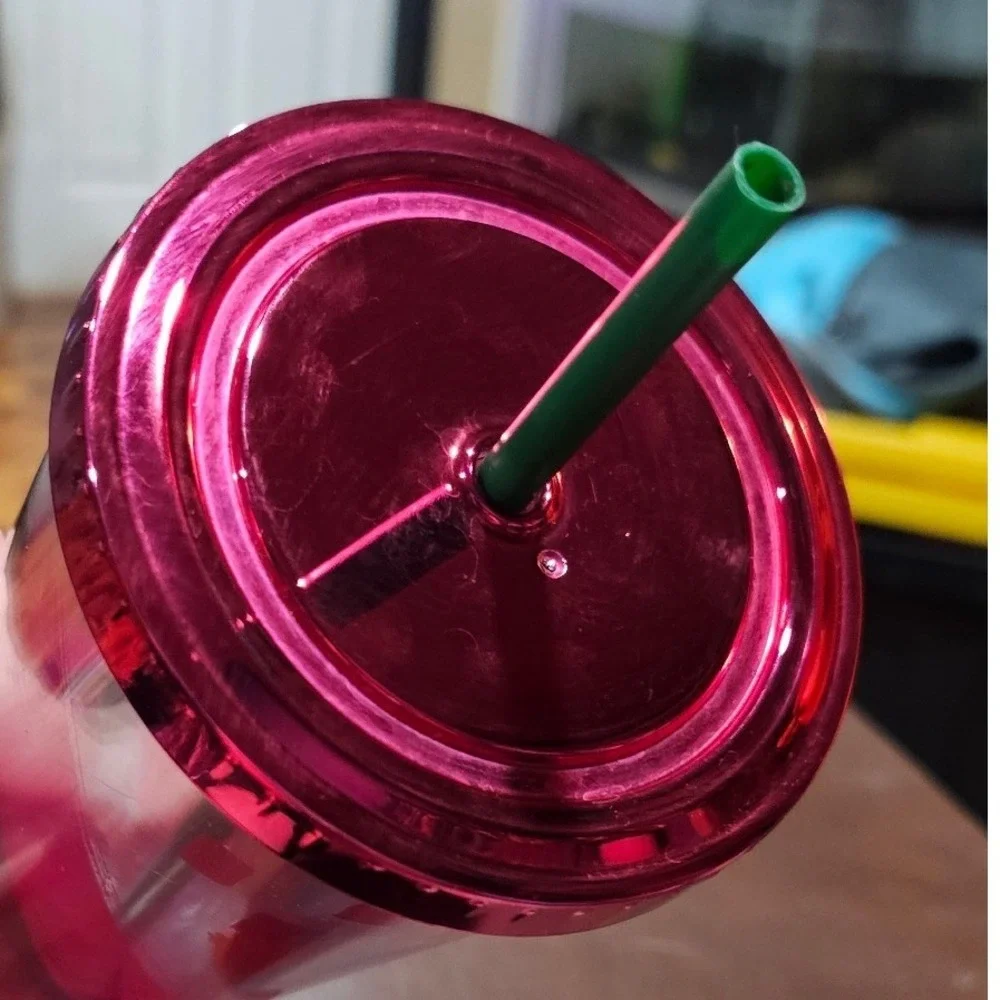 Starbucks‎ 2014 Red Magenta Brushstroke Venti Cold Cup Tumbler 24oz With Straw